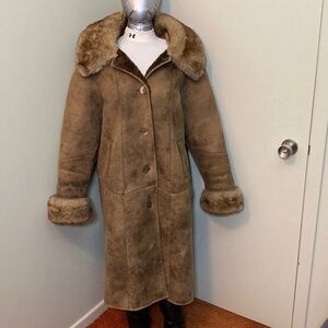 Women's Long Faux Shearling Coat with Fur Trim - Brown
